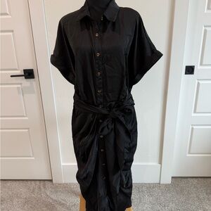 Chic Black Button-Down Mid Calf Length Dress